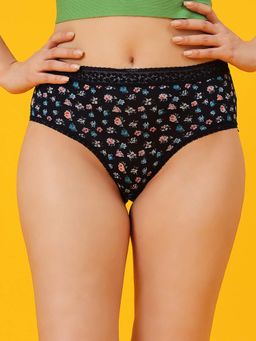 Clovia - Mid Waist Floral Print Hipster Panty In Navy Colour