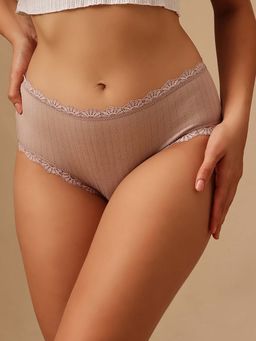 Clovia - Mid Waist Self-Striped Hipster Panty In Nude Colour