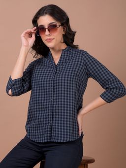 CRIMSOUNE CLUB - Women Blue Checked Pure Cotton Mandarin Neck Shirt