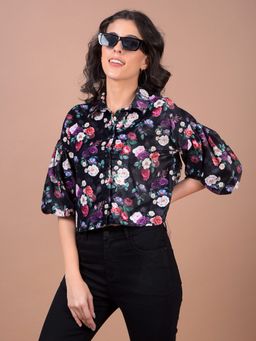 CRIMSOUNE CLUB - Women Multi-Color Floral Print Cropped Shirt