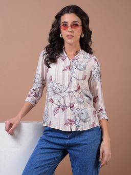 CRIMSOUNE CLUB - Women Multi-Color Floral Print Mandarin Neck Shirt