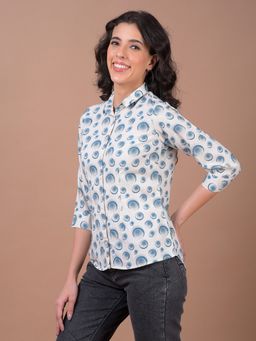 CRIMSOUNE CLUB - Women Blue Geometric Linen Shirt