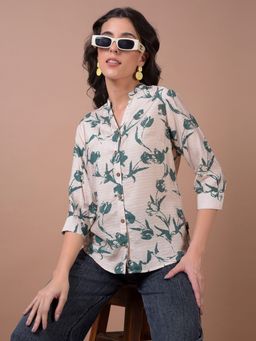 CRIMSOUNE CLUB - Women Green Floral Print Mandarin Neck Shirt
