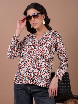 CRIMSOUNE CLUB - Women Brown Animal Printed V-Neck Shirt