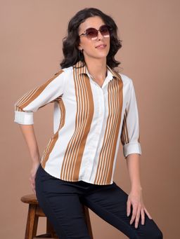 CRIMSOUNE CLUB - Women Mustard Horizontal Stripes Shirt