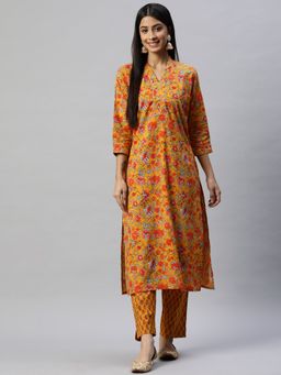 Divena - Mustard Cotton Floral Printed Kurta with Pants (Set of 2)