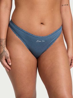 Victoria's Secret - Blue Stretch Cotton Pointelle Lace-Waist Thong Panty