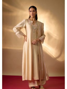 THE AARYA - Feeha Beige Hand Woven Zardozi Embroidery Anarkali with Palazzo and Dupatta