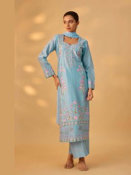 THE AARYA - Imaan Women Blue Hand Woven Thread Embroidery Kurta with Salwar and Dupatta