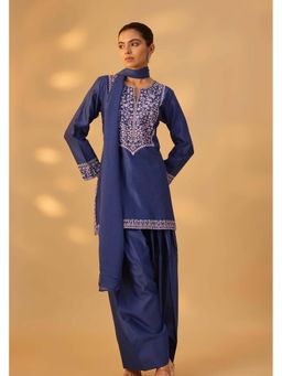 THE AARYA - Fiza Women Navy Blue Hand Woven Chanderi Silk Farshi Kurta with Palazzo and Dupatta
