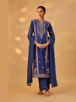 THE AARYA - Zohra Women Navy Blue Hand Woven Thread Embroidery Kurta with Palazzo and Dupatta