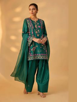 THE AARYA - Meher Women Green Hand Woven Thread Embroidery Kurta with Salwar and Dupatta