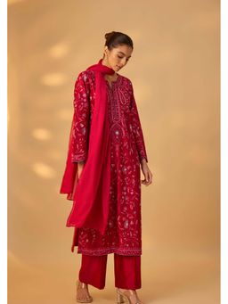 THE AARYA - Naaz Women Maroon Hand Woven Thread Embroidery Kurta with Pant and Dupatta