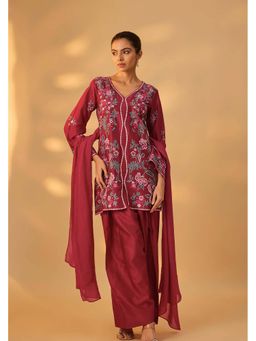 THE AARYA - Zareen Women Maroon Hand Woven Thread Embroidery Kurta with Salwar and Dupatta