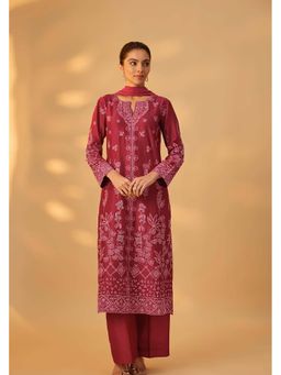 THE AARYA - Sehr Women Maroon Hand Woven Thread Embroidery Kurta with Pant and Dupatta