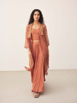 Ritu Kumar - Rust Thread Work Top with Skirt and Shrug