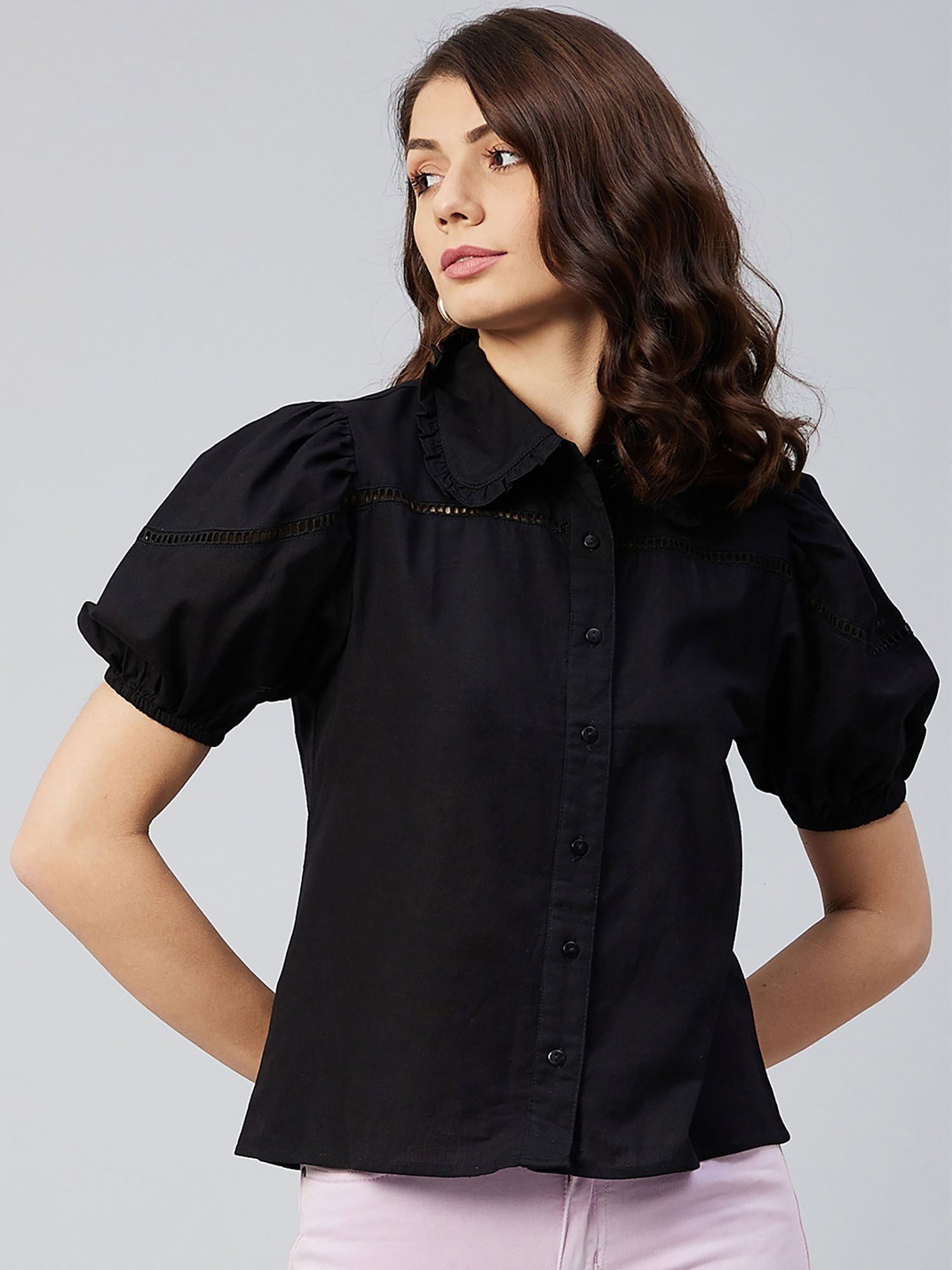 black shirt puff sleeves