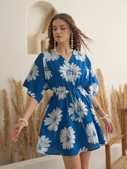SAY - Women Blue Floral V-Neck Mini Cotton Dress