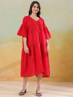 SAY - Red Solid V-Neck Midi Linen Blend Dress
