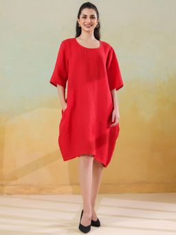 SAY - Red Solid Round Neck Knee Length Linen Blend Dress For Women
