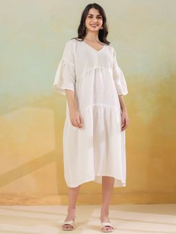 SAY - White Solid V-Neck Linen Blend Dress For Women