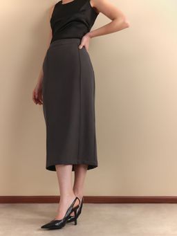 FableStreet - Midi Straight Pin Tuck Grey Women Skirt