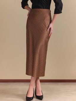 FableStreet - Rust Satin Midi Straight Geometric Elasticated Waistband Skirt