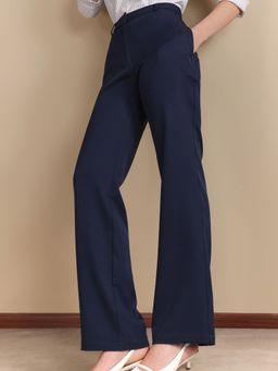 FableStreet - Polyester Straight Fit Elasticated Waistband Flat Front Navy Blue Trouser