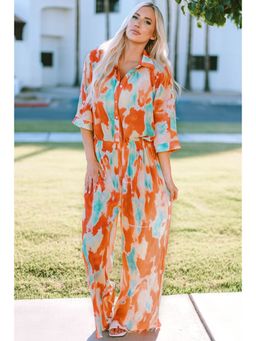 Errabelly - Orange Bohemian Tie Dye Pleated Shirt Collar Loose Jumpsuit