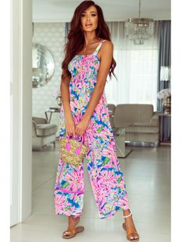 Errabelly - Pink Floral Printed Smocked Wide Leg Jumpsuit