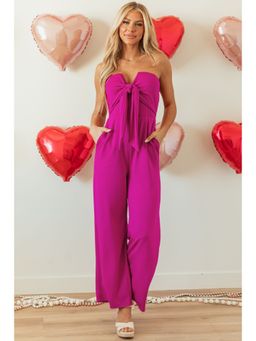 Errabelly - Bright Pink Bowknot Strapless Straight Leg Jumpsuit