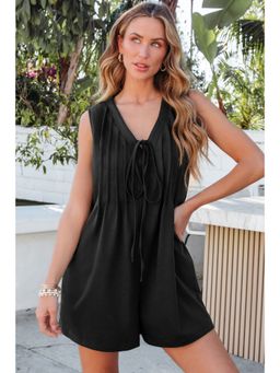 Errabelly - Black White Tie V Neck Pintuck Sleeveless Loose Playsuit