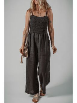 Errabelly - Black Spaghetti Straps Shirred Bodice Pocketed Wide Leg Jumpsuit