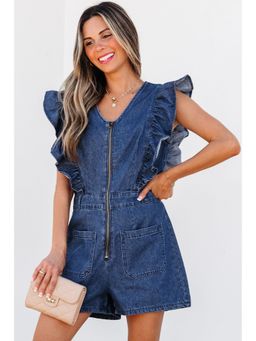 Errabelly - Sail Blue Denim Ruffled Zipped Front Belted Playsuit