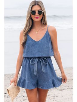 Errabelly - Ashleigh Blue Spaghetti Straps Belted Chambray Playsuit