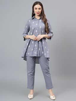 Cantabil - Women Grey Embroidered Shirt Collar Full Sleeve Regular Fit Co-Ord Set