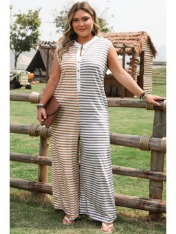 Errabelly - Multi-Color Stripe Plus Size Striped Buttoned Sleeveless Wide Leg Jumpsuit