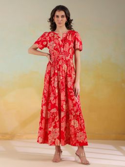 SAY - Women Red Floral V-Neck Cotton Maxi Dress