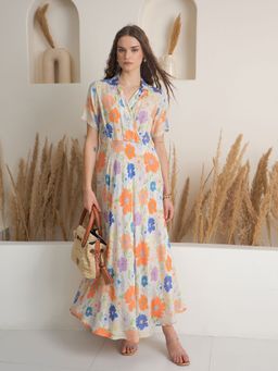 SAY - Off White Floral Printed Collar Neck Maxi Viscose Rayon Dress