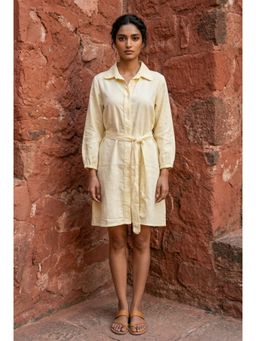 SAY - Cream Solid Collar Neck Mini Cotton Dress With Belt