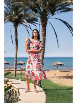 SAY - Blue Floral Printed Round Neck Midi Cotton Dress For Women