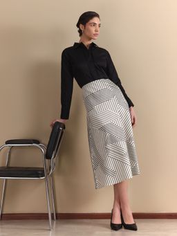 FableStreet - Satin Midi Flared Diagonal Stripe White Skirt