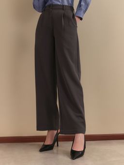 FableStreet - Polyester Flared Pleated High-Rise Dark Grey Women Trouser