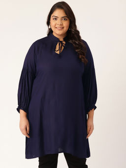 theRebelinme - Women's Navy Blue Solid Color Notch Neck Tunic