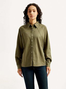 Levi's - Women'S Solid Green Spread Collar Shirt