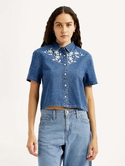Levi's - Women'S Embroidered Blue Spread Collar Shirt