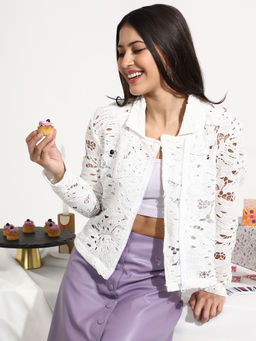 Campus Sutra - Women White Self Design Botanical Jacket