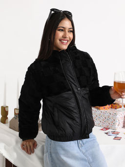 Campus Sutra - Women Carbon Black Fleece Solid Buffalo Check Jacket