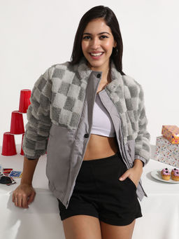 Campus Sutra - Women Moon Grey Fleece Check Buffalo Check Jacket