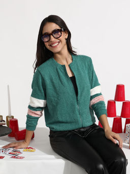 Campus Sutra - Women Sea Green Zip Front Chevron Jacket